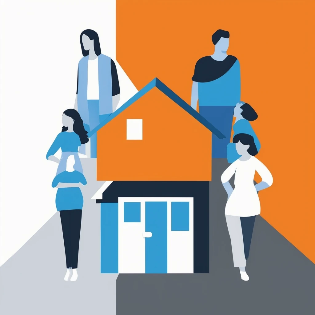 Eine Vektorillustration die den Kontrast zwischen Mieten und Wohneigentum zeigt - Flexibilitaet vs. Verpflichtung - mit ausgewogener Farbpalette in Weiss Orange Blau Dunkelgrau und Hellgrau.