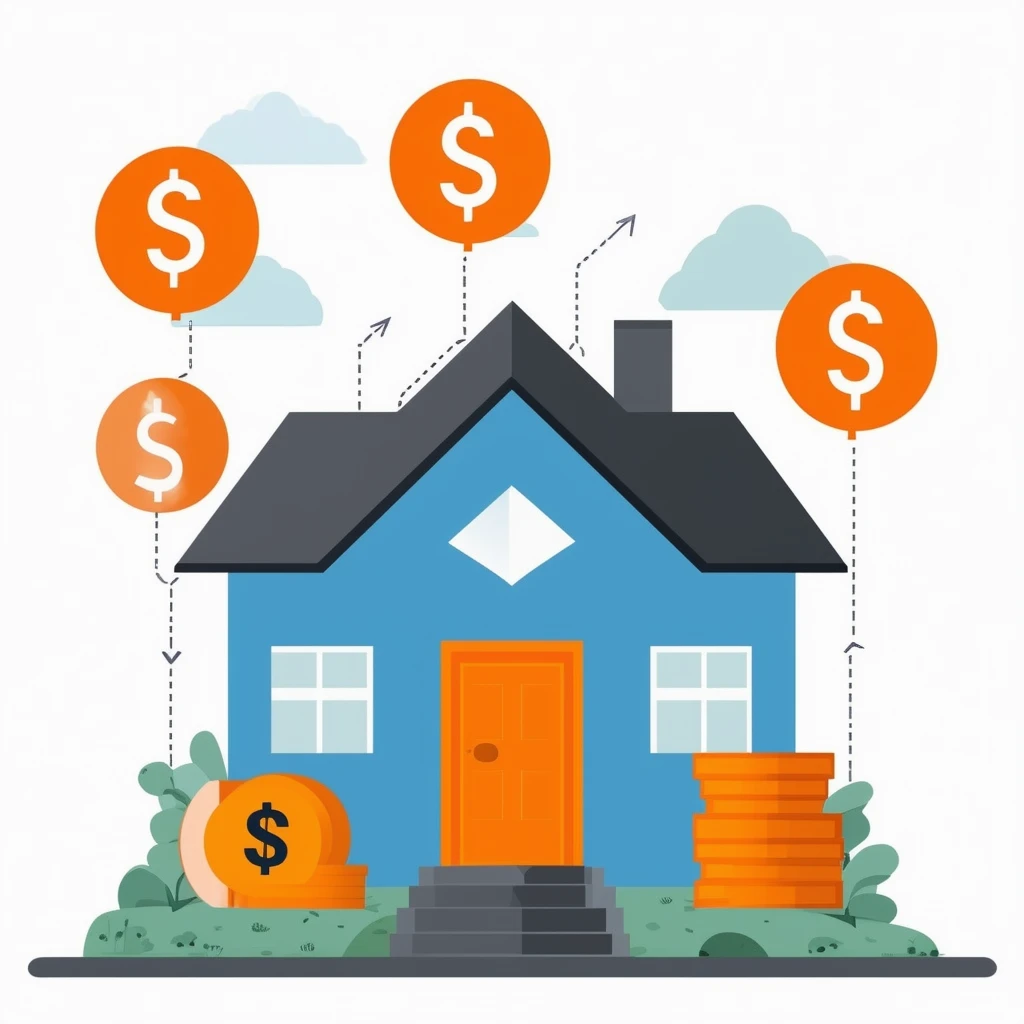 Eine flache Vektorillustration eines Hauses mit Finanzsymbolen die Kostenreduzierung und Verhandlung in einem professionellen und informativen Stil betonen. Die Farbpalette umfasst Weiss ffffff Orange ec6707 Blau 1398f8 Dunkelgrau 595857 und Hellgrau a6a7a
