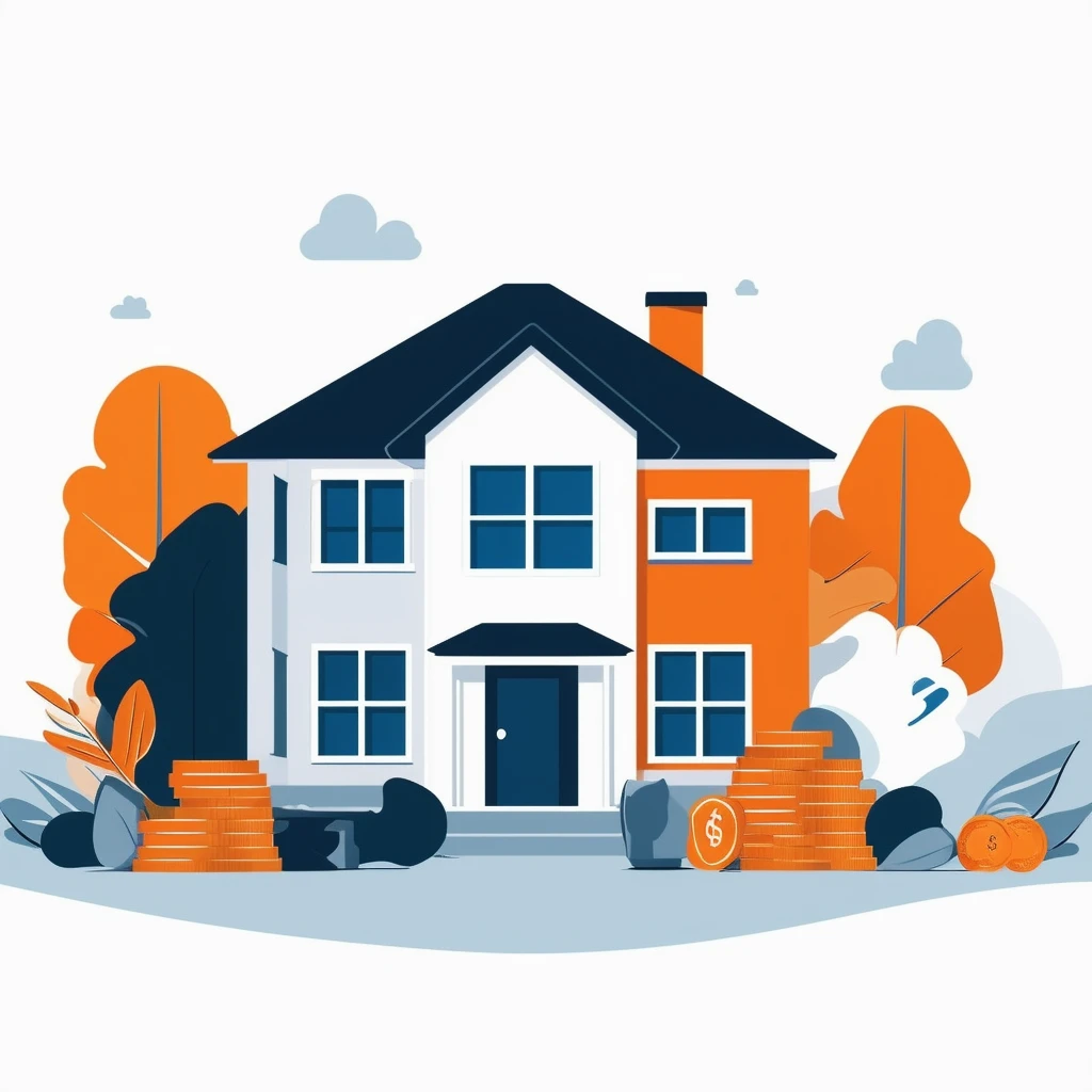 Eine ruhige und informative Illustration ueber Immobilien und Steuertipps in Weiss Orange Blau und Grautoenen.