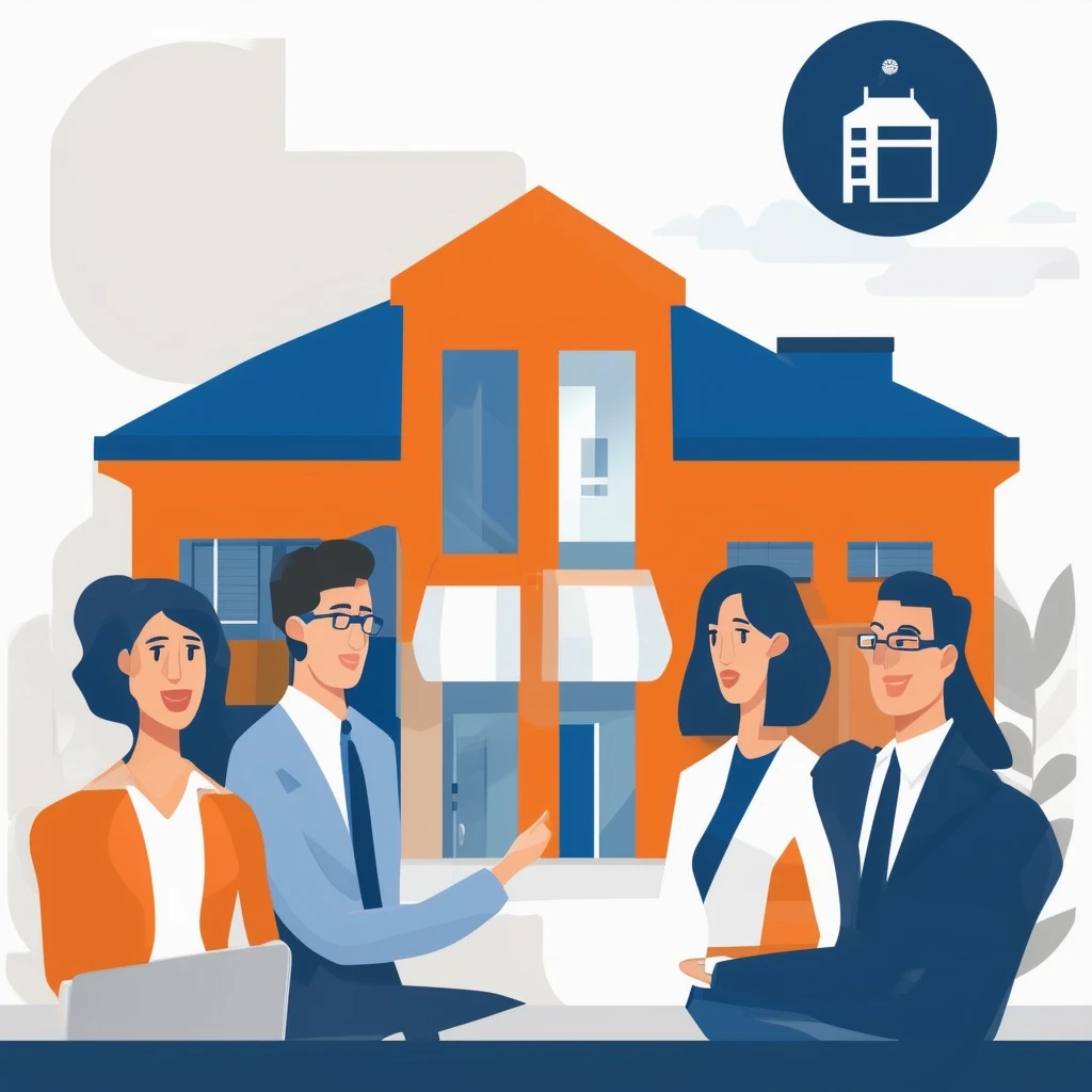 Eine ruhige und professionelle Illustration einer Immobilienberatung mit Farbschema in Weiss Orange Blau Dunkelgrau und Hellgrau.
