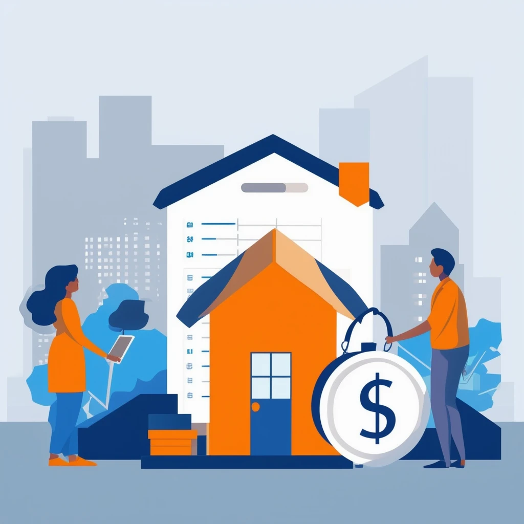 Eine ruhige und informative Illustration ueber Immobilien und Finanzplanung mit Farben wie Weiss Orange Blau Dunkelgrau und Hellgrau.