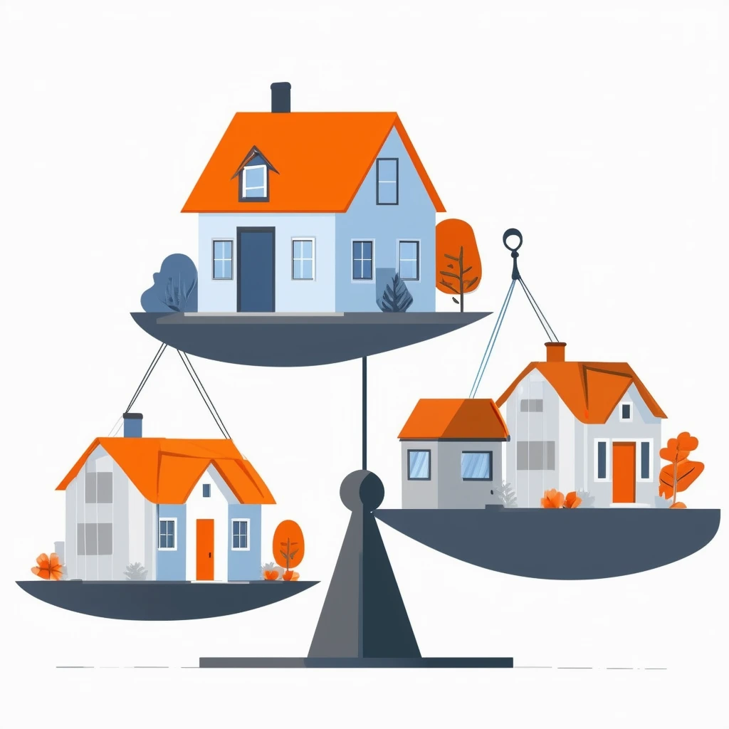 Wohnung vermieten oder verkaufen - eine Entscheidungsgrundlage Eine ausgewogene Entscheidungsfindung fuer Immobilienverkauf oder -vermietung dargestellt in einer neutralen Farbpalette von Weiss Orange Blau und Grautoenen.