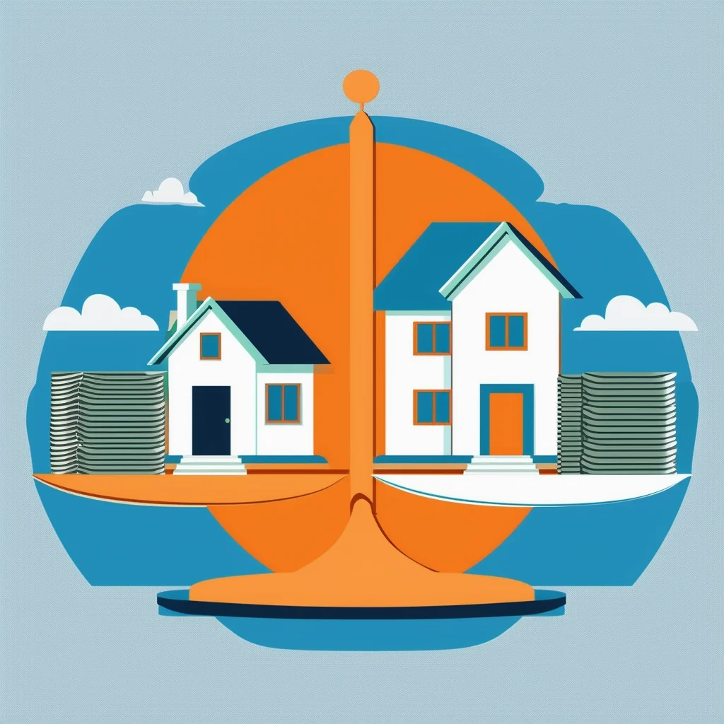 Wohnung vermieten oder verkaufen: Was lohnt sich mehr? Eine ausgewogene Waage mit einem Haus auf der einen Seite und einem Geldbuendel auf der anderen in einem Farbschema aus Weiss Orange Blau Dunkelgrau und Hellgrau.